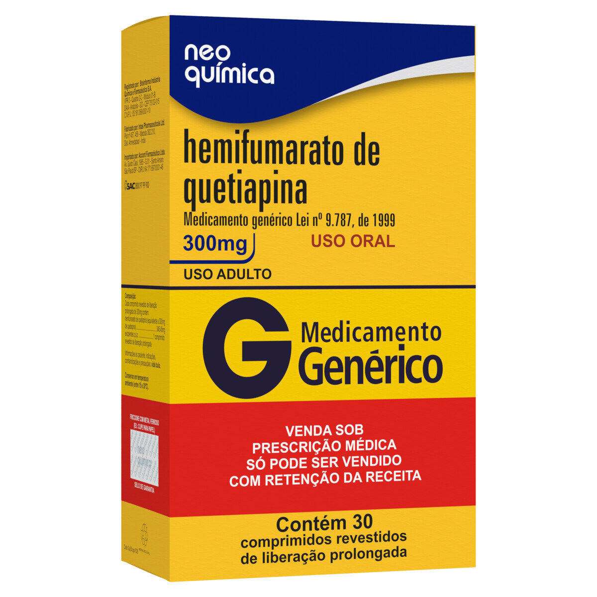 HEMIFUMARATO DE QUETIAPINA 300MG NEO QUÍMICA CAIXA 30 COMPRIMIDOS